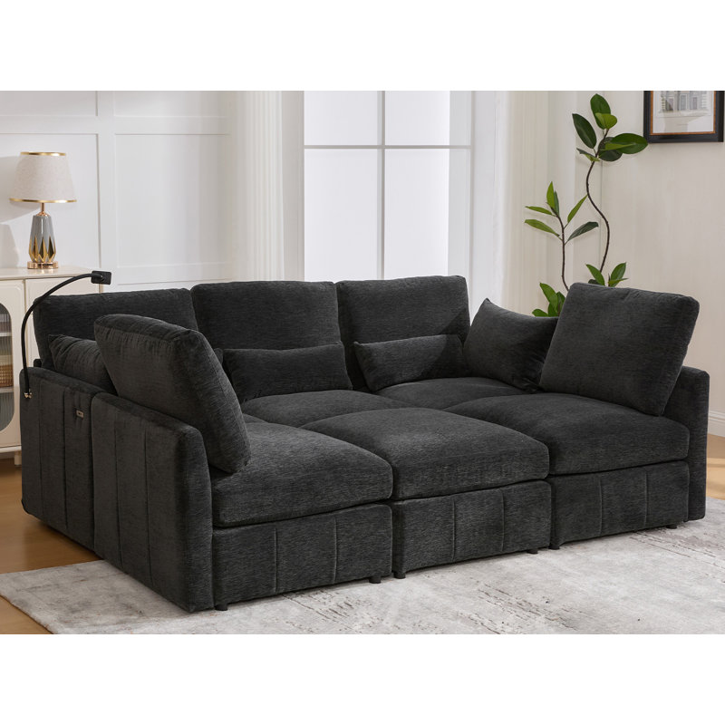 85'' W Chenille Modular Couch Sleeper Sofa, Black Chenille