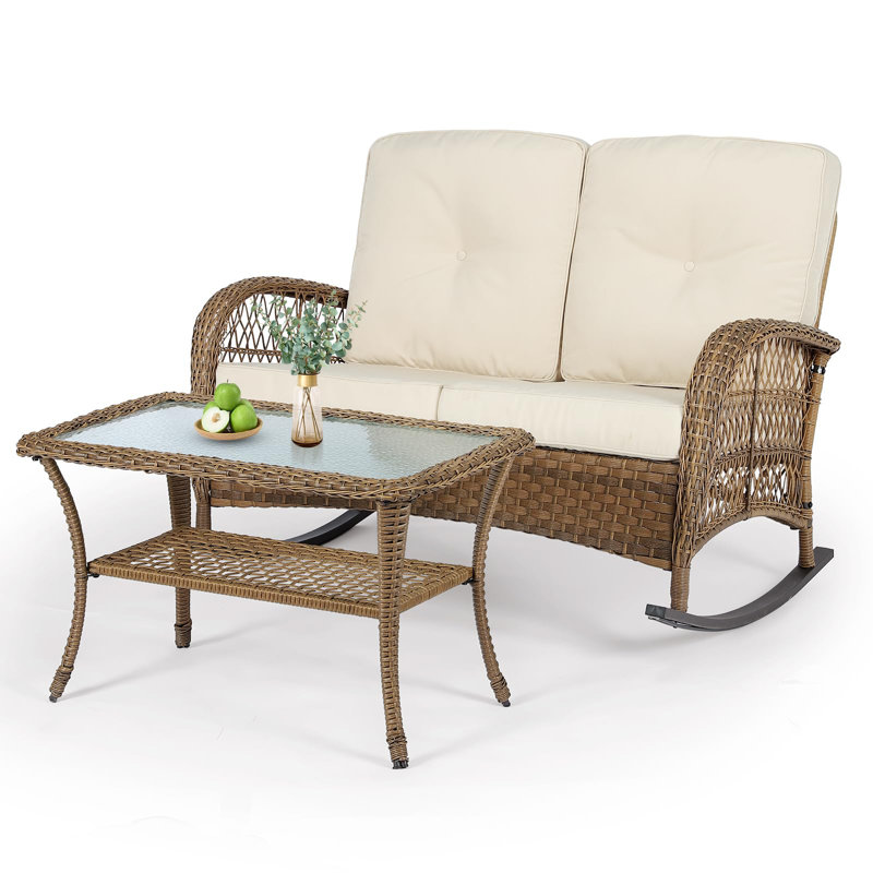  Outdoor Double Rocking Chair With Coffee Table, Oversized Loveseat Rocker With Thick Cushion For 2-Person，All-Weather 550 Lbs Heavy Duty Rocking Bench Large Loveseat Patio Sofa For Garden