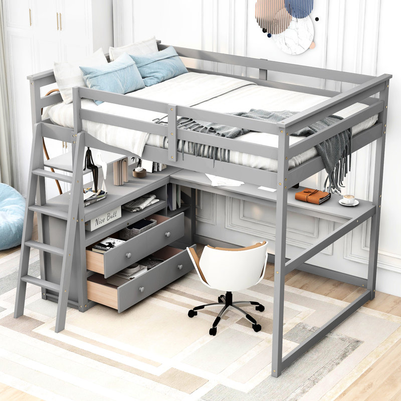 Lit mezzanine pleine grandeur gris avec bureau et tablette - Bois de pin robuste pour une chambre à coucher fonctionnelle
