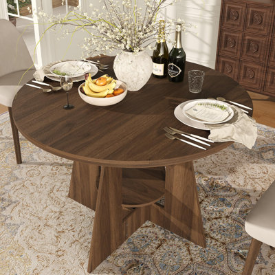47" Round Dining Table with Storage Shelf, Kitchen Table | 1.2" thick MDF top holds 500 lbs, Scratch-Proof Surface,for Home -Brown
