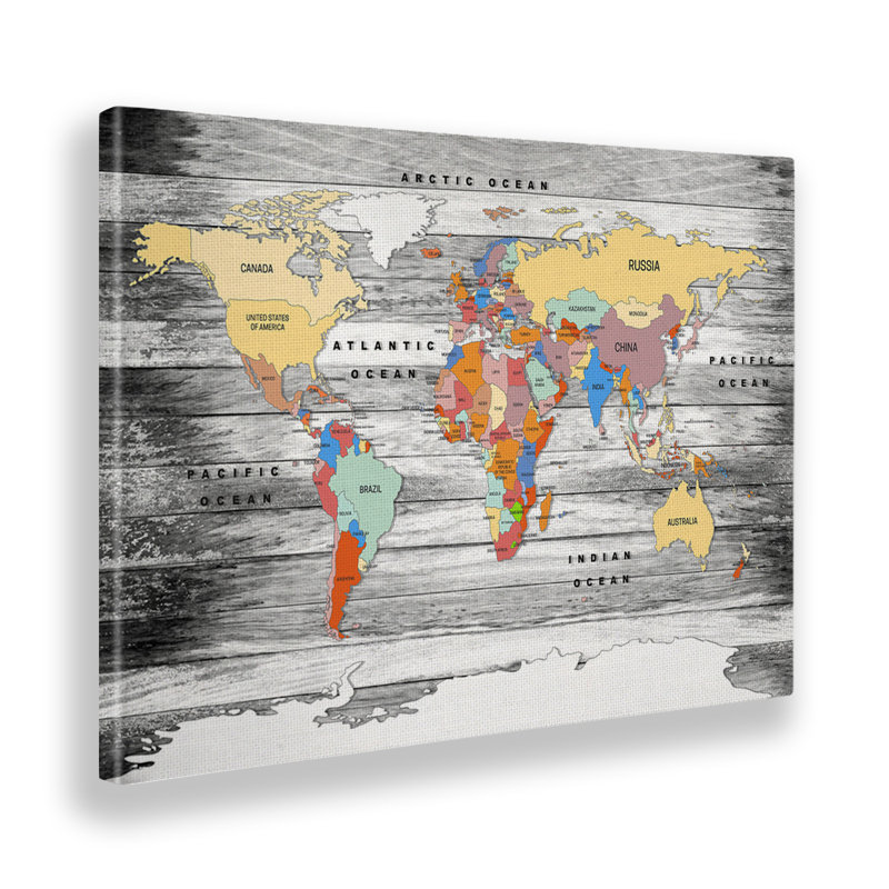 Map Of The World On Grey Wood Boards by Giallobus - No Frame Painting, 70cm H x 100cm W, Plastic/Acrylic