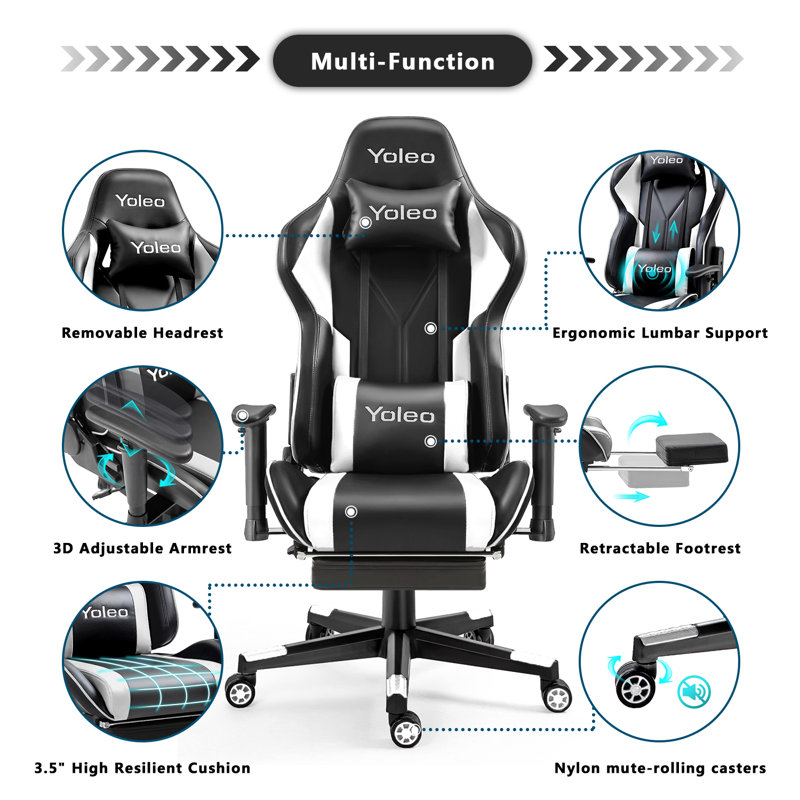Blue Elephant Adjustable Reclining Faux Leather Swiveling PC & Racing Game Chair with Footrest, Black/White