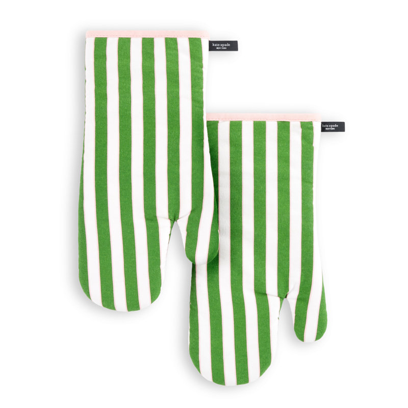 Green and Pink Striped Cotton Oven Mitt Set