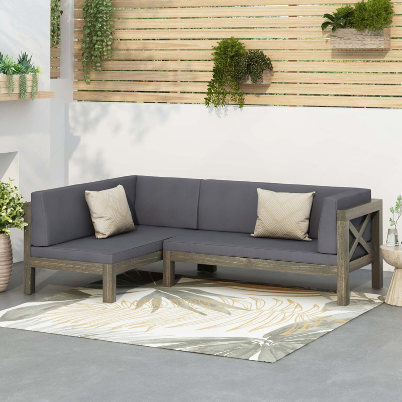 Ensemble de canapés modulaires en bois d'acacia 2 pièces pour patio avec accoudoirs droits et coussins résistants à l'eau, 3