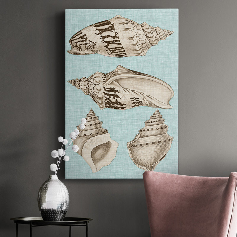 Sépia et aqua coquillages IV - peinture sur toile tendue, H 36 po x l 24 po x P 1 po