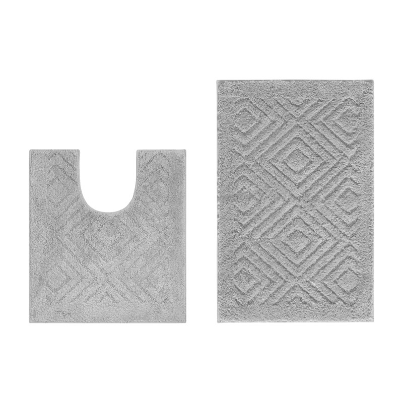 Brooking Ultra Soft 2 Piece Machine Washable Bath Mat Set ( Rectangle Bathroom Mat & U Shaped Contour Rug ), Silver