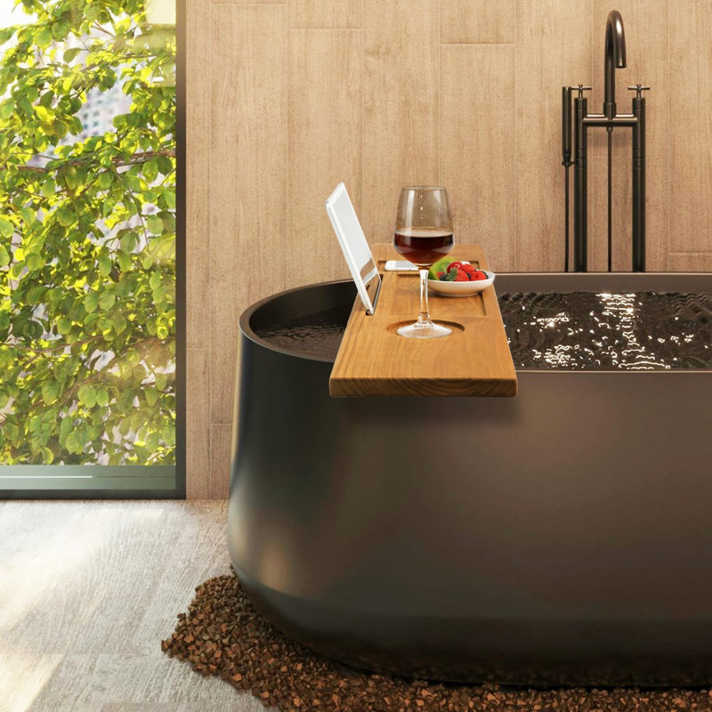 Table-plateau de baignoire en bois de teck avec support pour vin et iPad