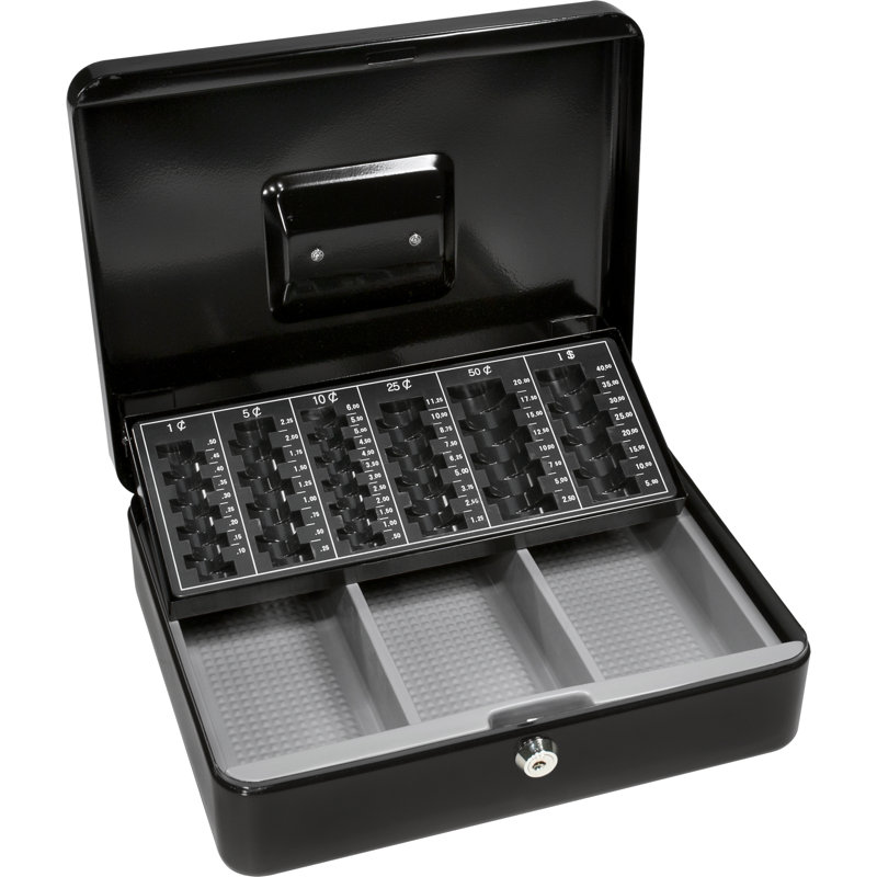 Black Steel 12-Inch Cash Box with Key Lock and Coin Trays