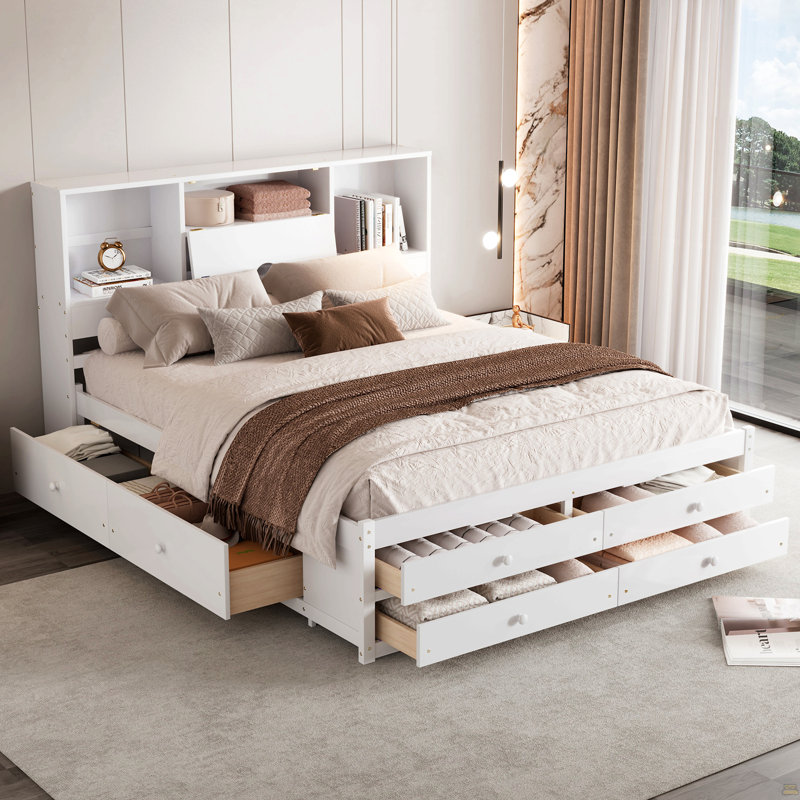 Grand lit plateforme avec tête de lit à rangement et 8 tiroirs, Blanc