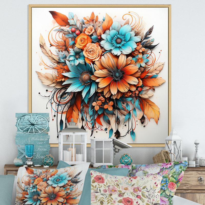 Fleurs de bohème rouges et plumes bleues I, Cadre naturel flottant, H 36 po x l 36 po x P 1,5 po