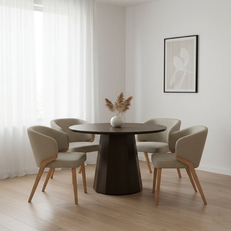 Ensemble de table de salle à manger 5 pièces, 4 sièges, table à piédestal en chêne 47,2 po et 4 fauteuils à dossier demi-tonneau beige