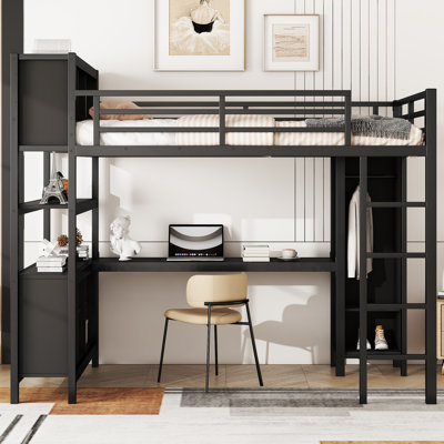 Lit mezzanine en métal avec bureau en L, garde-robe, cubes de rangement et tablettes - Lit mezzanine robuste pour adolescents et adultes