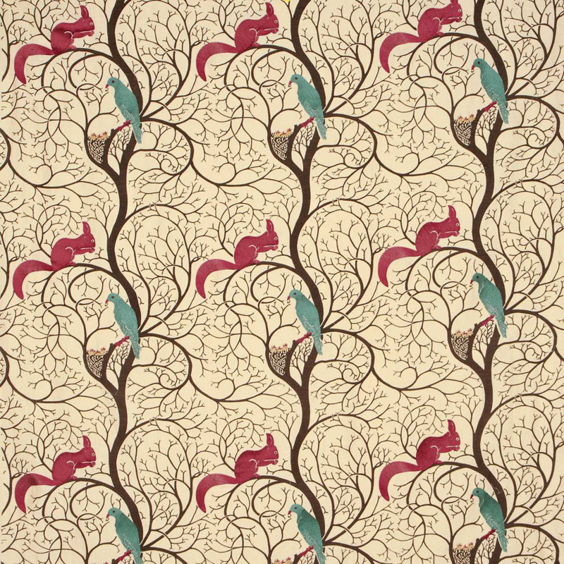 Squirrel & Dove Fabric, Teal/Red