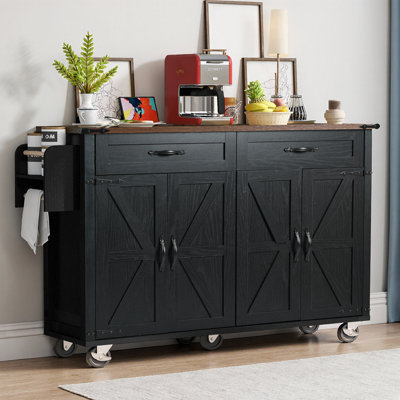 53.5" Farmhouse Kitchen Island with Power Outlet, Drop Leaf, Spice Rack & Drawer