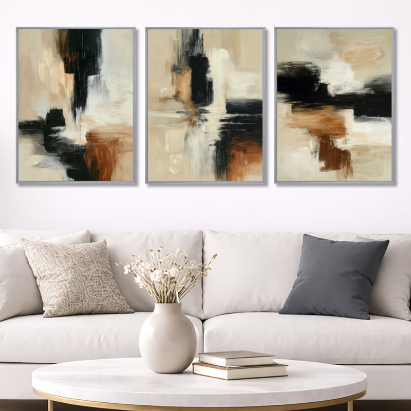 «Black and Brown Brushstroke», ensemble de 3 toiles abstraites encadrées, H 32 po x l 72 po, Encadrement argenté