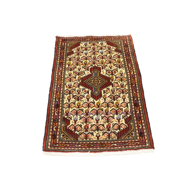 Tapis beige / rouge en laine noué à la main de conception unique 3 pi 5 po x 2 pi 2 po années 1990 Sammy
