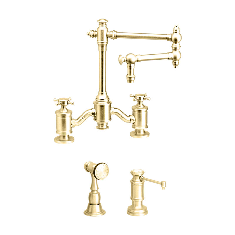 Towson Bridge Faucet - 12" Articulated Spout, Unlaquered Polished Brass