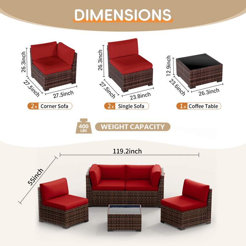 Ensemble de conversation modulaire en rotin pour 4 personnes avec coussins, Rouge, Non