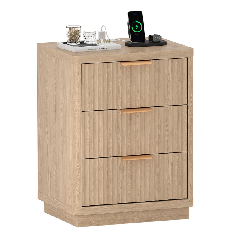 Fluted Nightstand with Charging Station, Mid Century Modern Fluted Nightstand, Modern End Table with Curved Corners