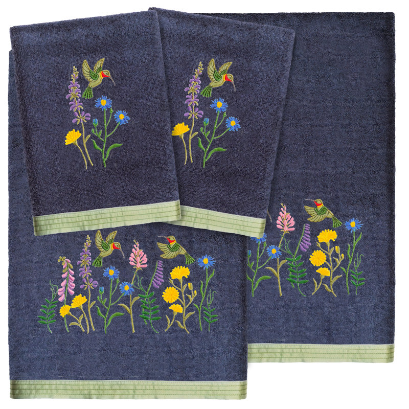 4 Piece 100% Turkish Cotton Hada Embellished Towel Set, Marine