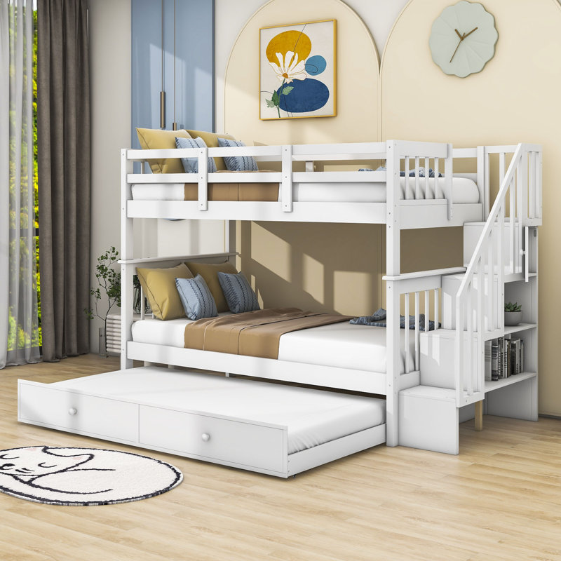 Doresha Kids Bunk Bed with Trundle, White, 	Twin over Twin