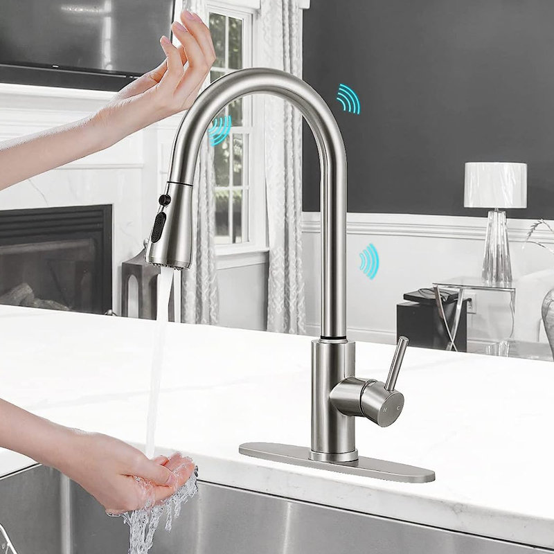 Robinet de cuisine intelligent avec douchette rétractable Robinet de cuisine à poignée simple avec surfaces tactiles, robinet d'évier de cuisine en acier inoxydable