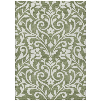9' X 12' Fern Green And Ivory Floral Washable Indoor Outdoor Area Rug