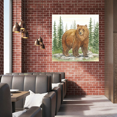Grizzly Bear In Forest Realistic Rustic Abstract Pine Tree Bear Forest Landscape Wall Art