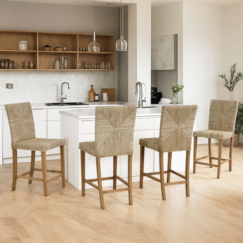 Tabouret de bar en bois massif à finition naturelle avec corde tissée à la main, 4