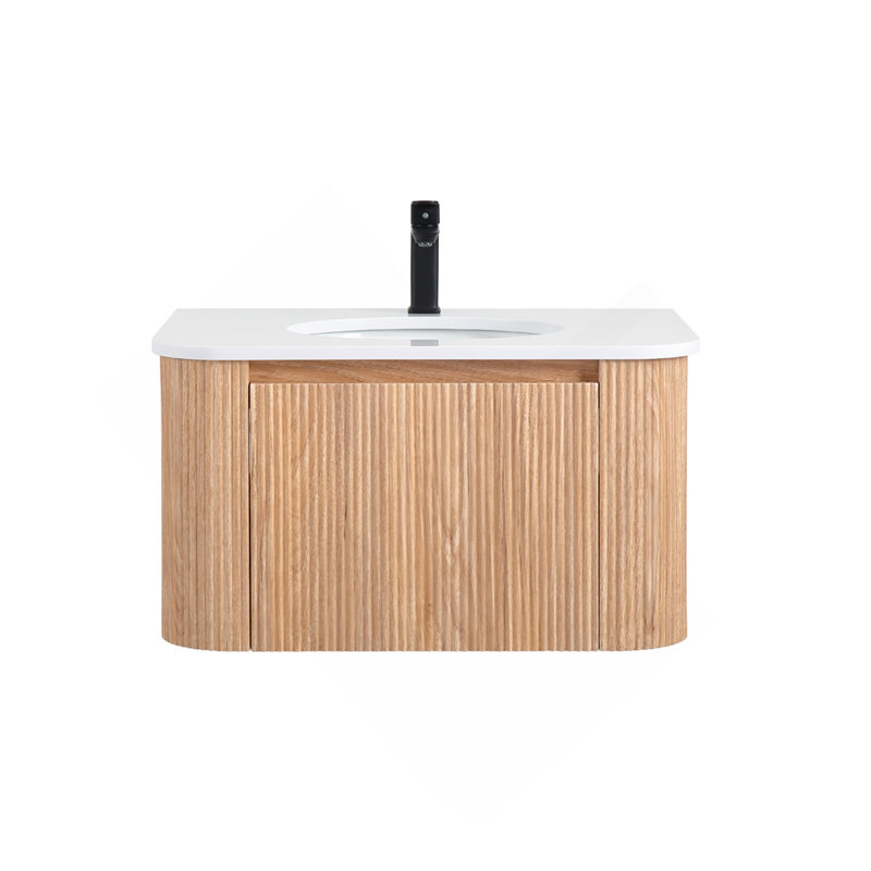 Meuble-lavabo mural de 30 po avec lavabo au design incurvé, finition en bois à texture ondulée, marbre de culture intégré
