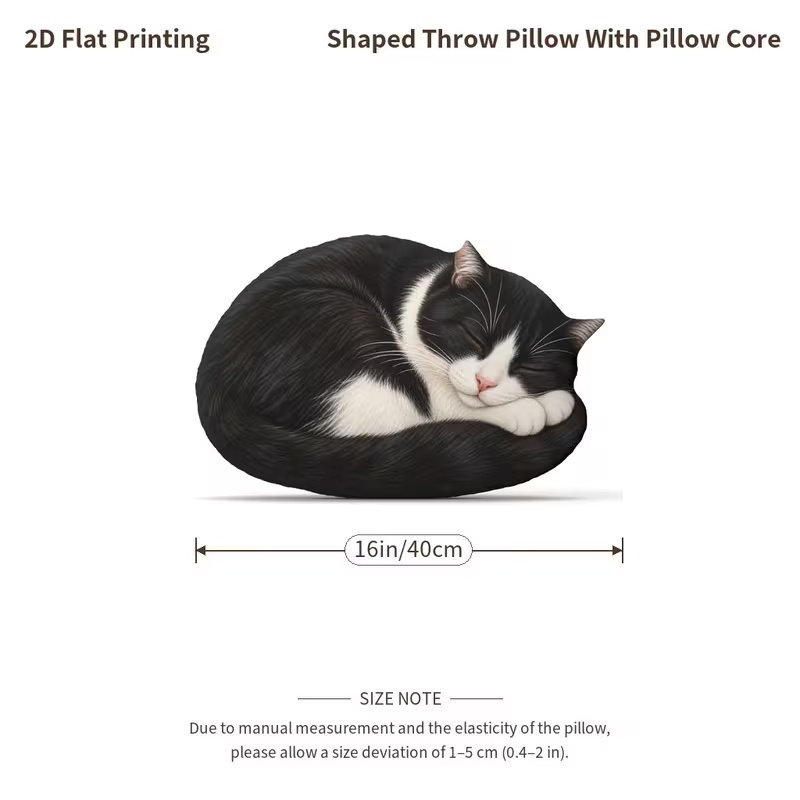 Sleeping Tuxedo Cat Pillow for Cat Lovers Curled Cat with a Wrapped Tail 2D Flat Printing 30cm, 30cm