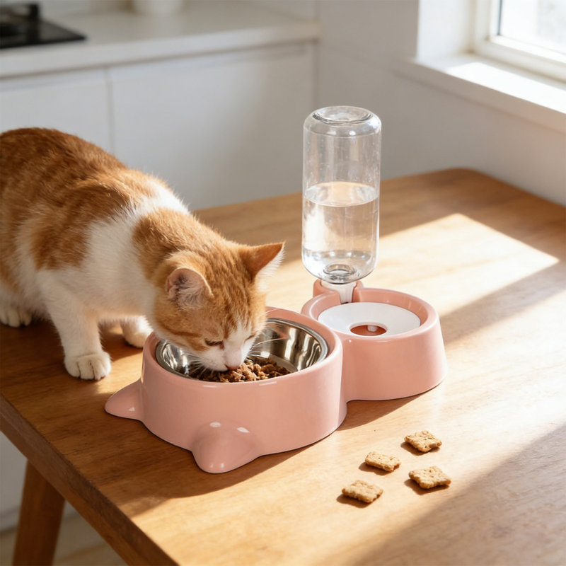 Bol à chat en acier inoxydable avec distributeur d'eau automatique 2 en 1, rose, Pink