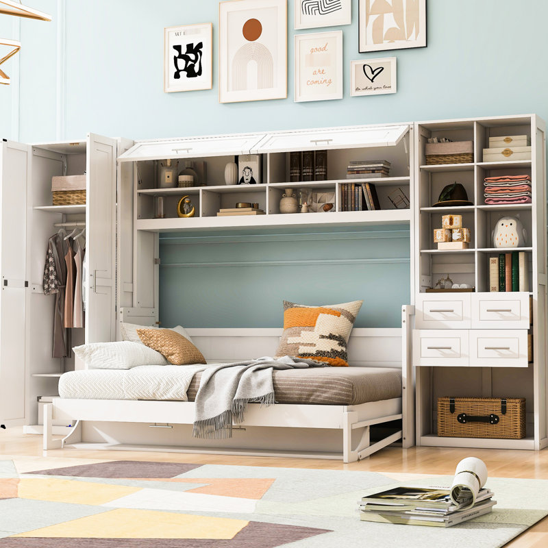 Full Size White Bed With Drawers And Shelves For Guest Room Side Flip Ample Storage Accommodation In Small Space
