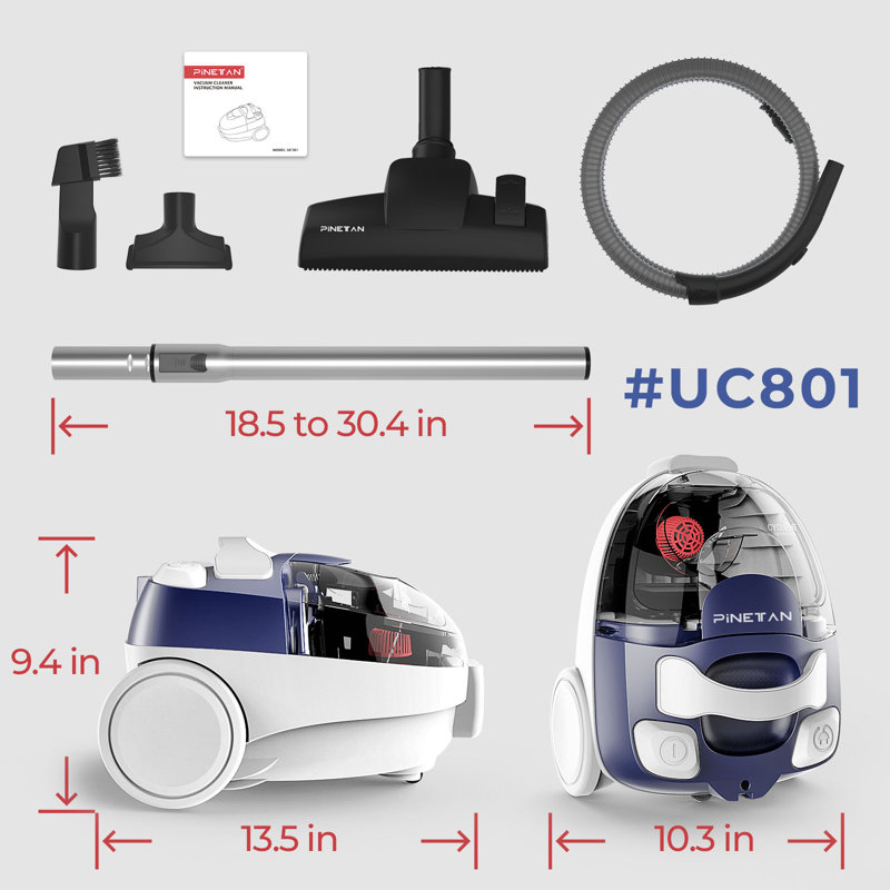 PINETAN DoubleDown Canister Vacuum Cleaner, Bagless, Double HEPA Filters, Auto Rewind, 800W Power