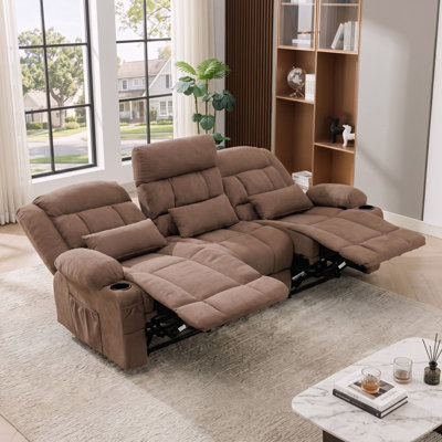 Brown 84-Inch 3-Seat Reclining Sofa with Dual Manual Recliners and Cup Holders