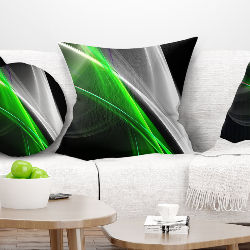 Coussin décoratif abstrait, motif fractal vert blanc - lignes fractales vert blanc, 18 po x 18 po