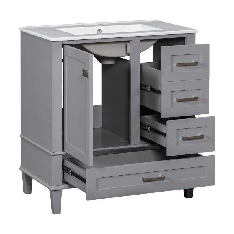 Meuble-lavabo de 30 po en gris, armoire en bois massif moderne avec lavabo, 3 tiroirs et porte à fermeture en douceur pour meuble-lavabo gris, bois, silencieux