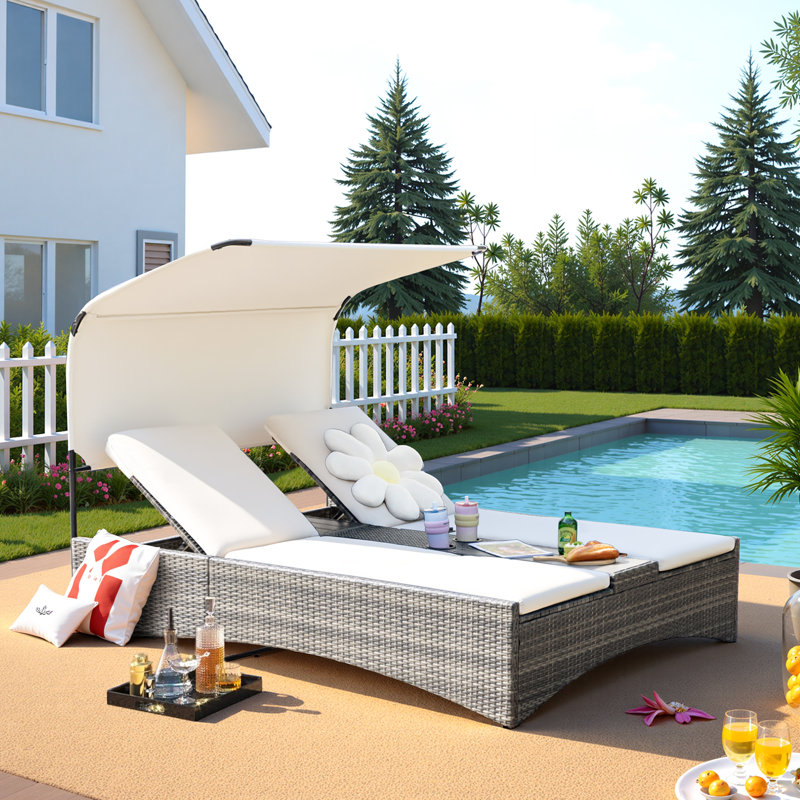 Modern Rattan Outdoor Daybed With Canopy,2-Person Patio Lounger With Adjustable Backrest, Patio Sofa With Cup Holders And Built-In Side Table,Perfect For Poolside, Garden, Or Deck