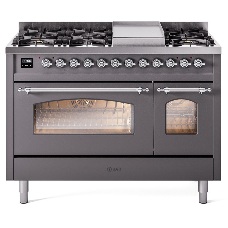 ILVE Nostalgie II Series 48 inch Dual Fuel Range with 8 Sealed Burners, Griddle (Glass Door), Liquid Propane