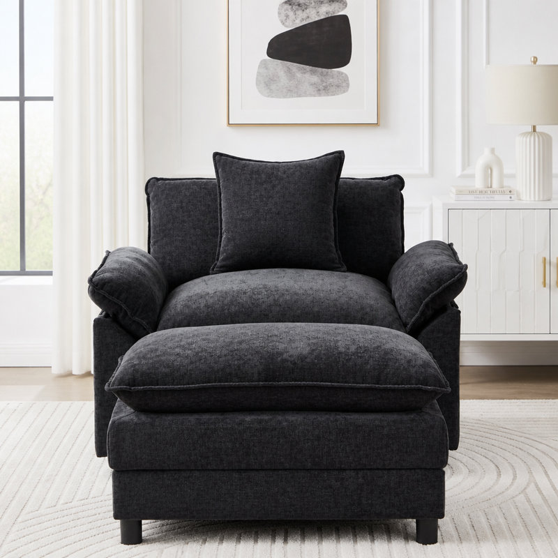 Modern Accent Chair, Chenille Fabric Club Chair, Solid Wood Frame, Tissu noir, Oui