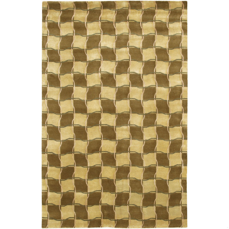 Tapis à motif géométrique en laine noué à la main brun, brun clair, jaune et vert Caines, Brown, Yellow, Green, Cream