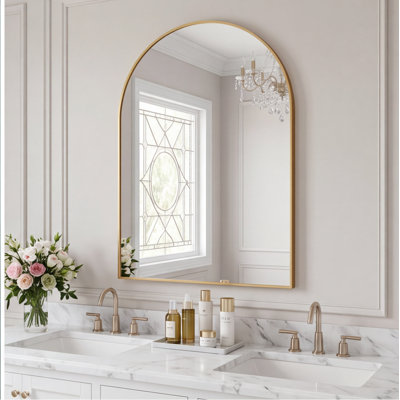 30x40 Inch Gold Metal Framed Arched Bathroom Mirror for Wall