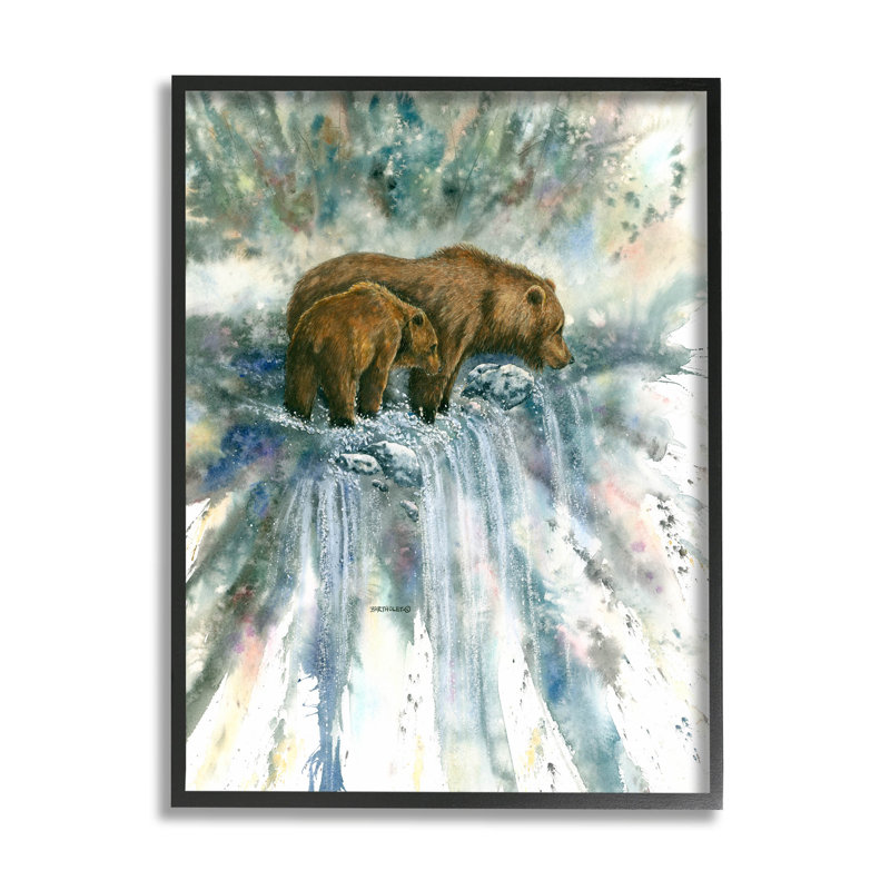 Deux ours en cascade, estampe numérique par Dave Bartholet, H 30 po x l 24 po x P 1,5 po, Giclée encadrée noir minuit
