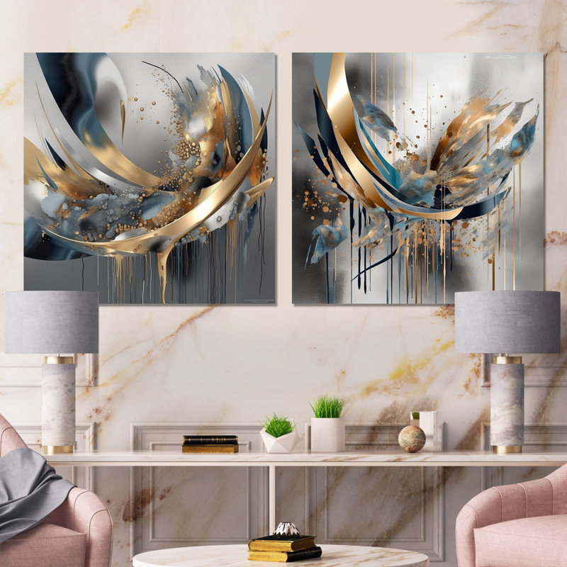 Abstract Shapes And Infinity Lines I - Abstract Shapes Wall Art Living Room Set Of 2, 36" H x 73" W x 1.5" D, Wrapped Canvas