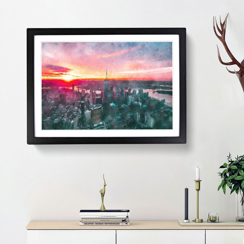 Sunset over New York City - Picture Frame Painting Print, 24cm H x 33cm W x 2cm D, Black Framed