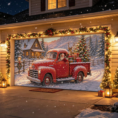 Housse de porte de garage de Noël avec motif de père Noël et de camion rouge