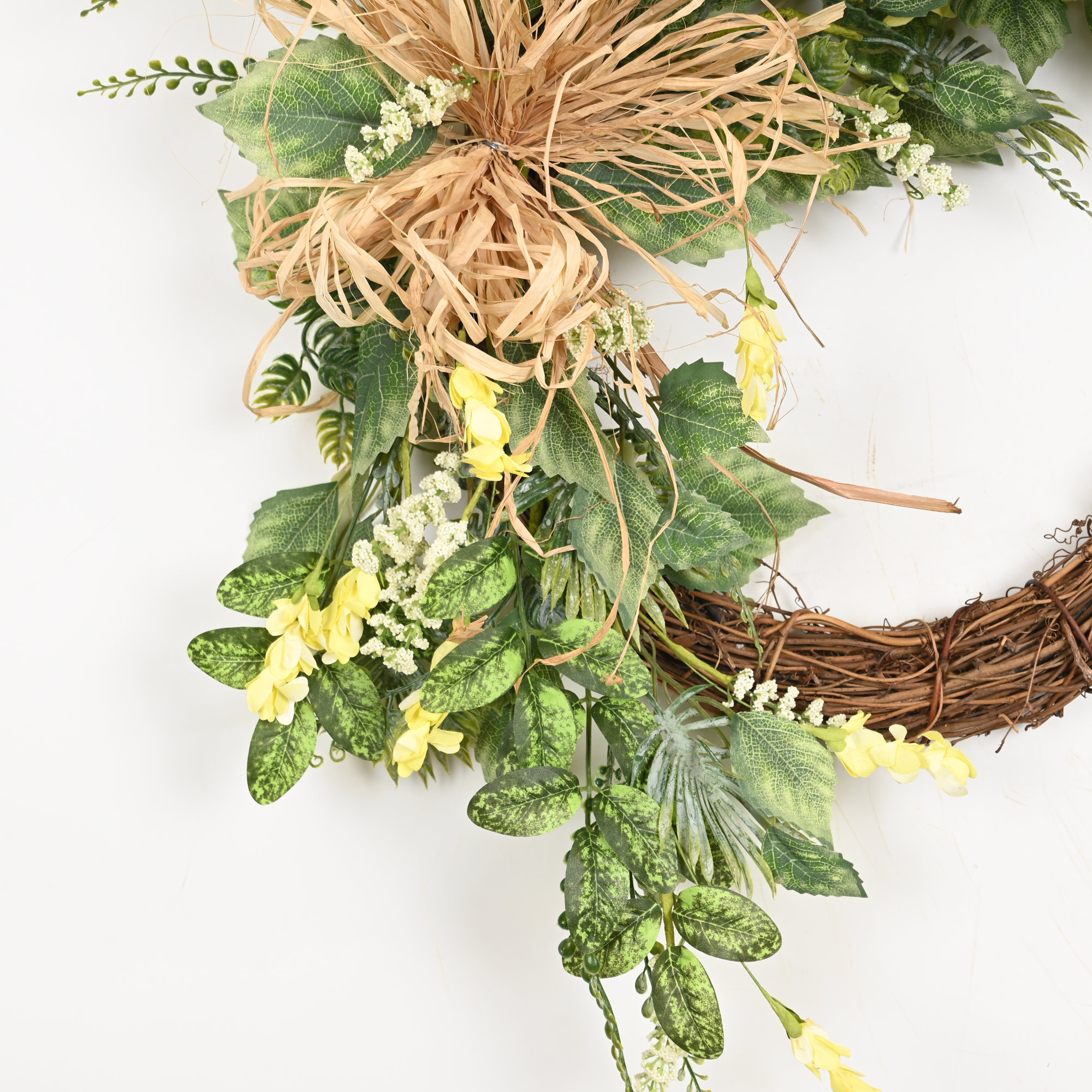 24" Artificial Farmhouse Spring Summer Greenery Leaves Berry Peony Floral Wreath For Front Door, Yellow/Green