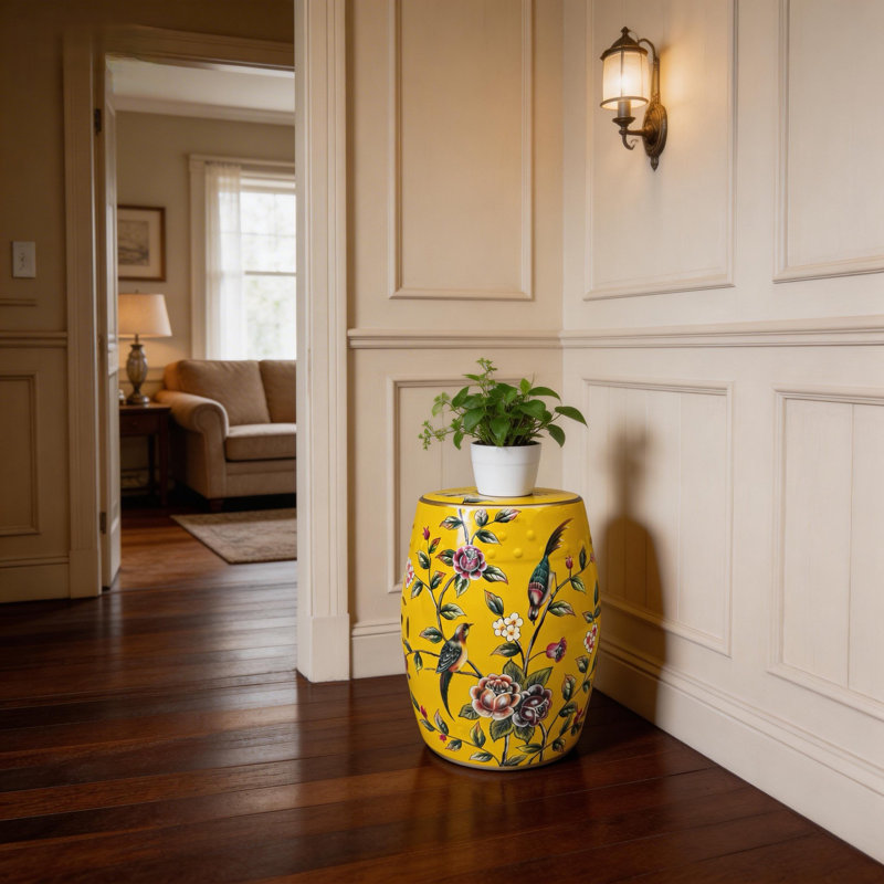 Tabouret en céramique fleur et oiseau, Jaune / Bleu