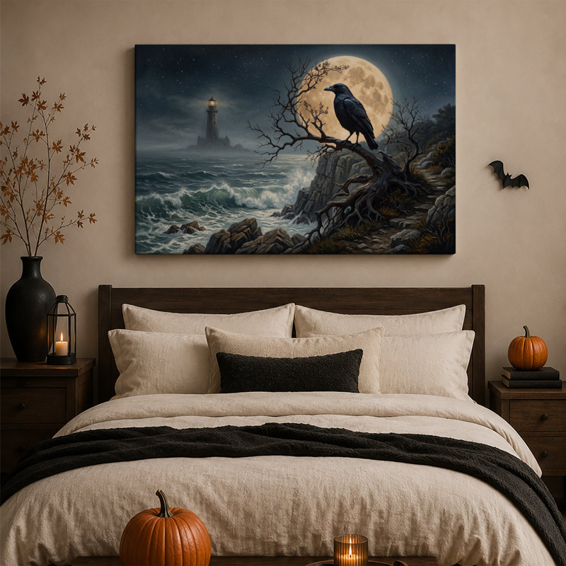 Toile noire perchée près du phare d'Halloween, H 18 po x l 24 po