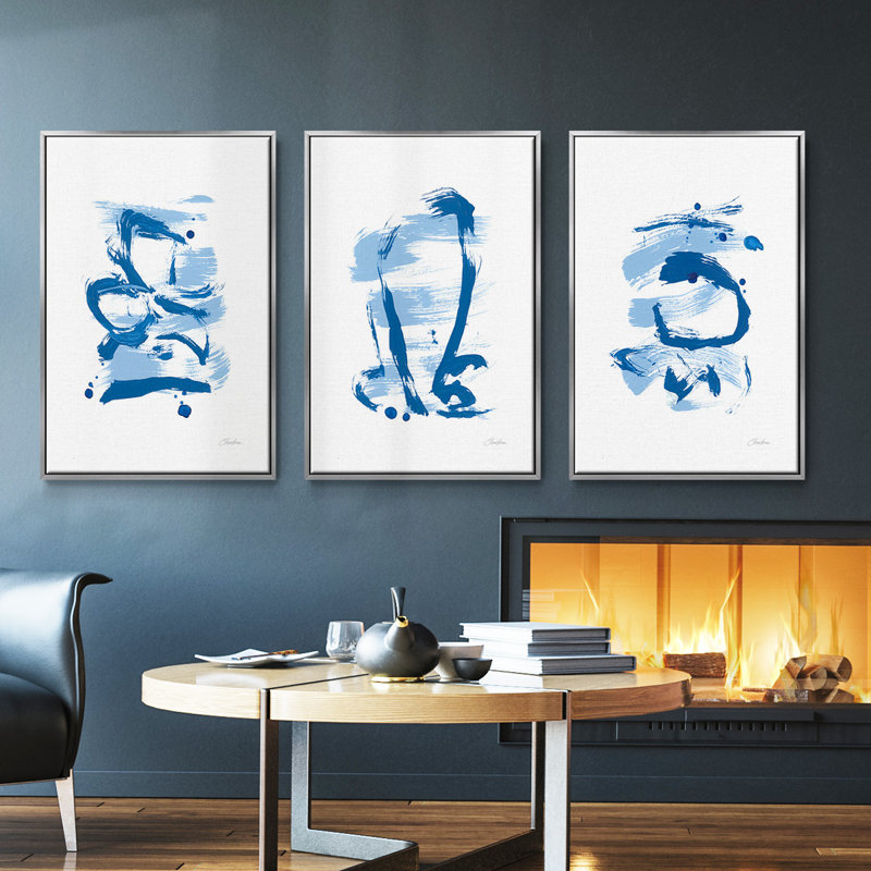 «Blue Breeze I», ensemble de 3 reproductions de photos sur toiles, H 40 po x l 78 po, Argent